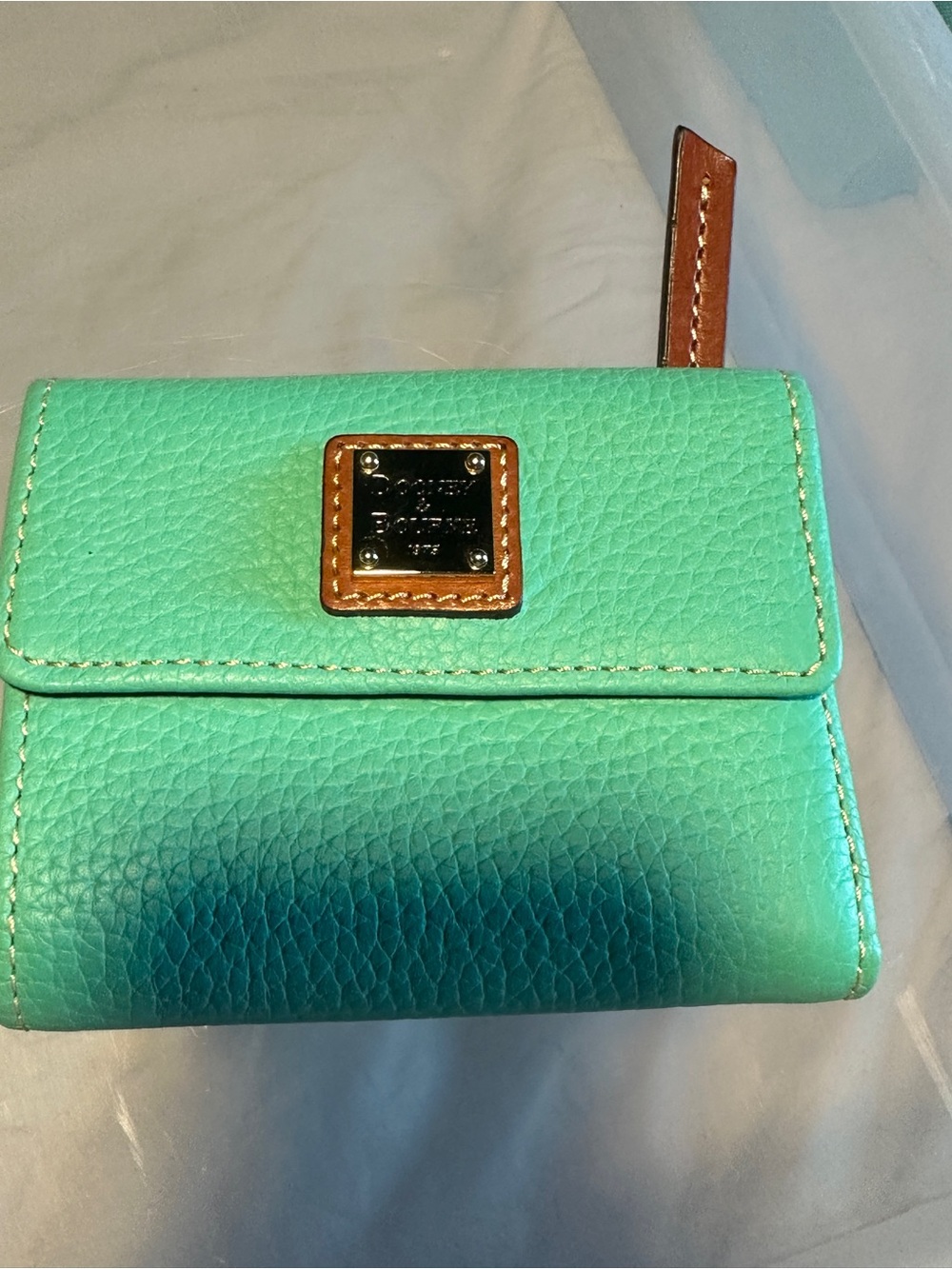 Dooney & Bourke Aqua Green Pebbled Leather Wallet with Brown Trim